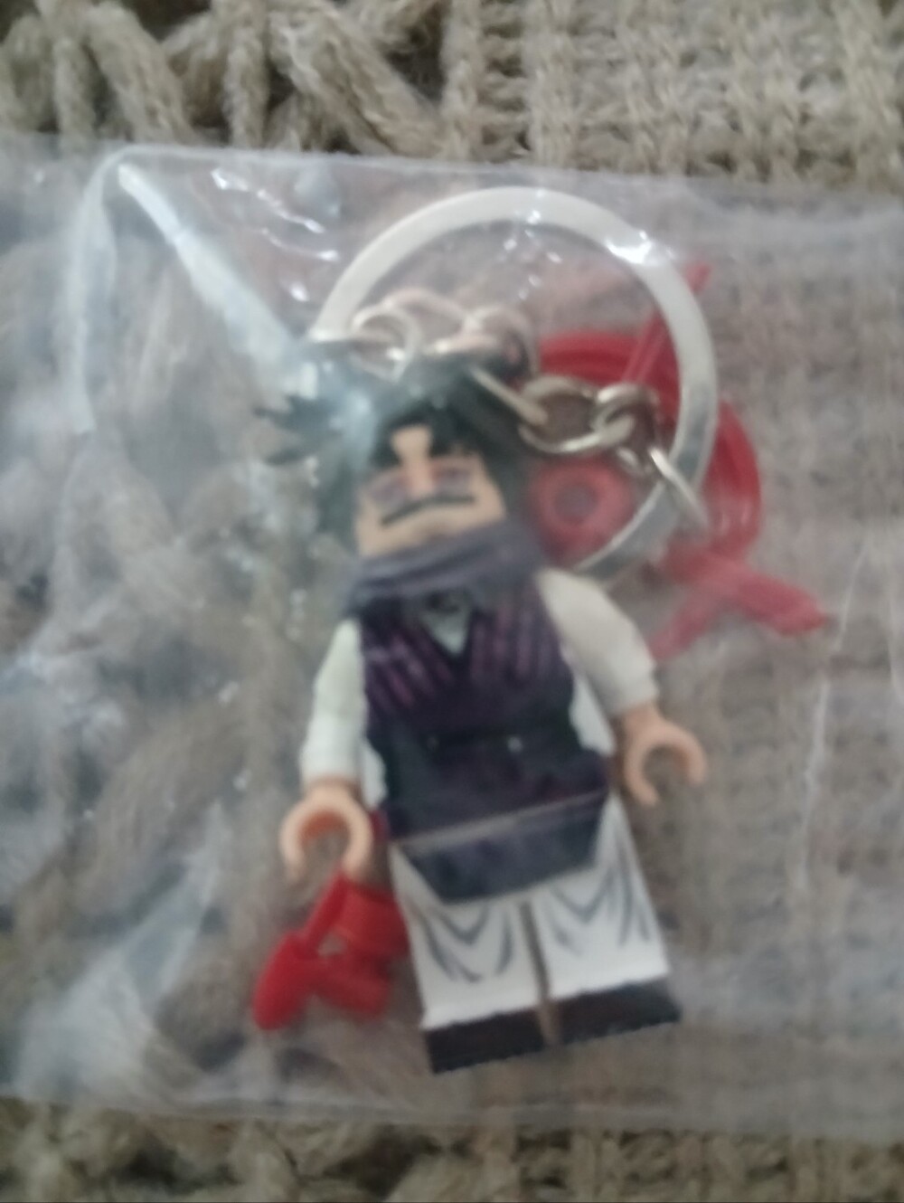 Mini LEGO Figure Keychain - Black Hair with Purple Outfit